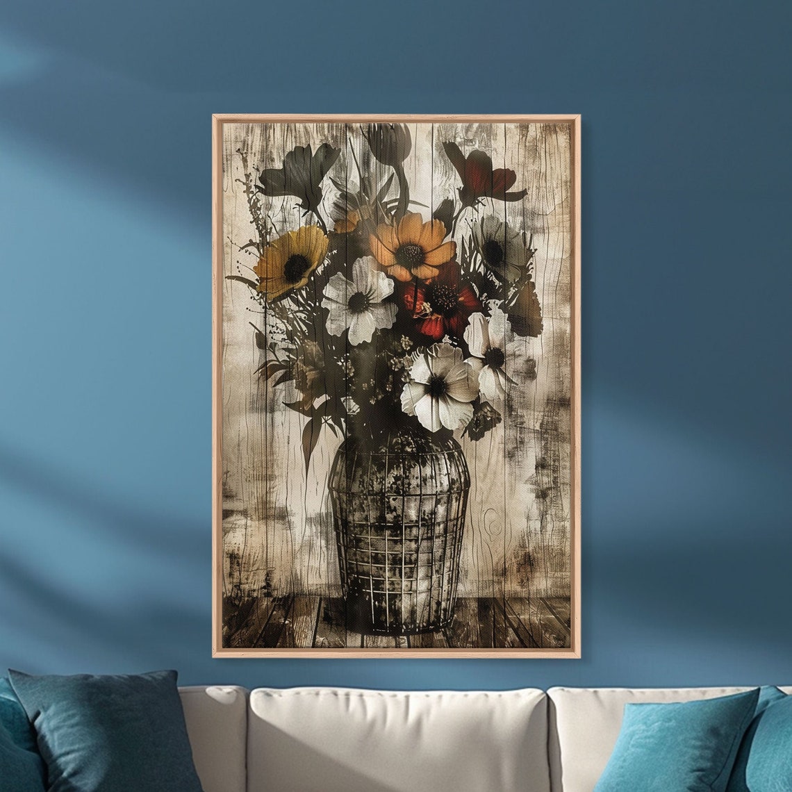 Wildflowers Wire Basket Vase Distressed Farmhouse Rustic Art Poster - Image 5
