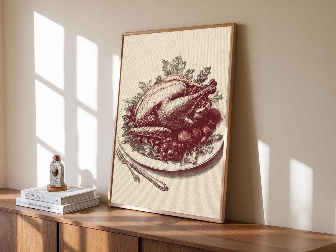 Roasted Turkey Burgundy Engraving Vintage Christmas Dinner Art Poster - Image 3