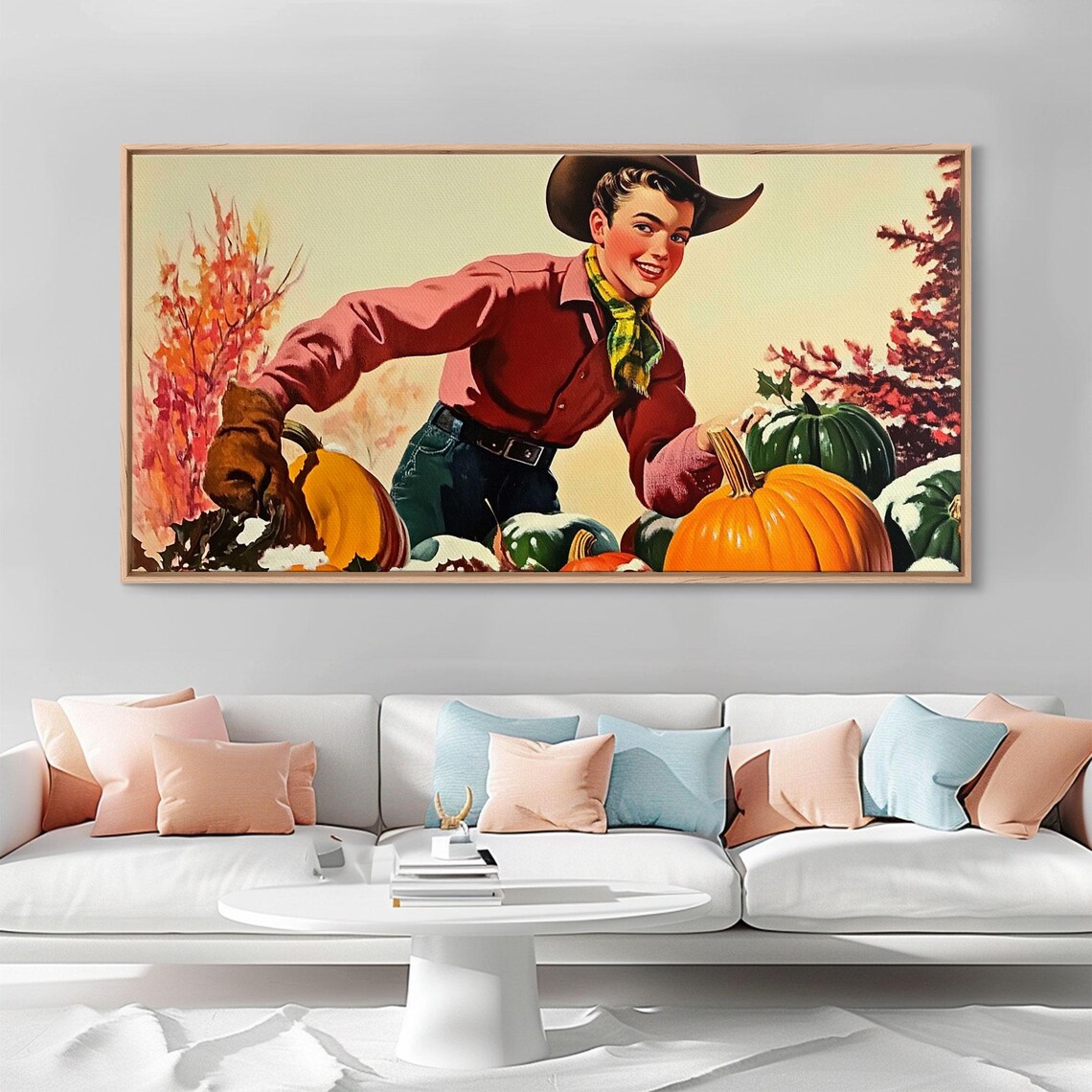 1950s Smiling Cowboy Among Giant Pumpkins With Fall Foliage Vintage Poster - Image 2