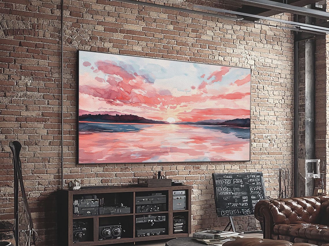 Pink Sunset Seascape Watercolor Sun Over Calm Water Ocean Poster - Image 6