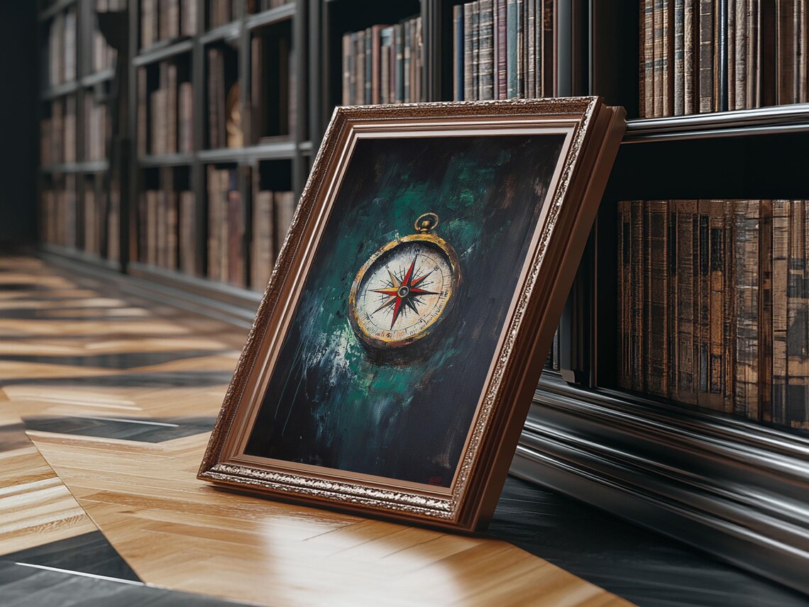Brass Pocket Compass Oil Painting Dark Teal Nautical Adventure Art Print - Image 4