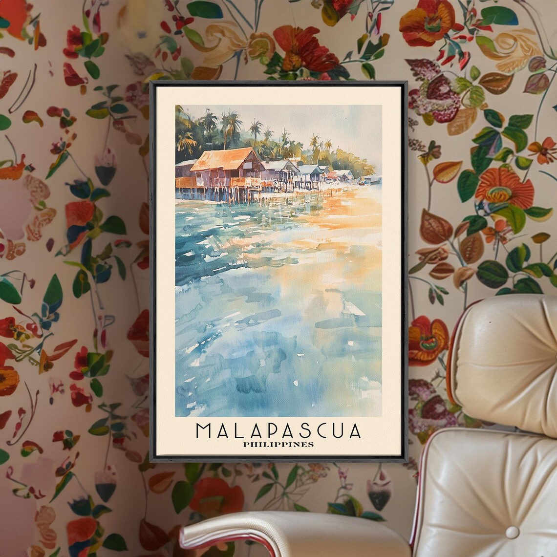 Malapascua Philippines Stilt Houses Over Sea Palm Trees Watercolor Poster - Image 3
