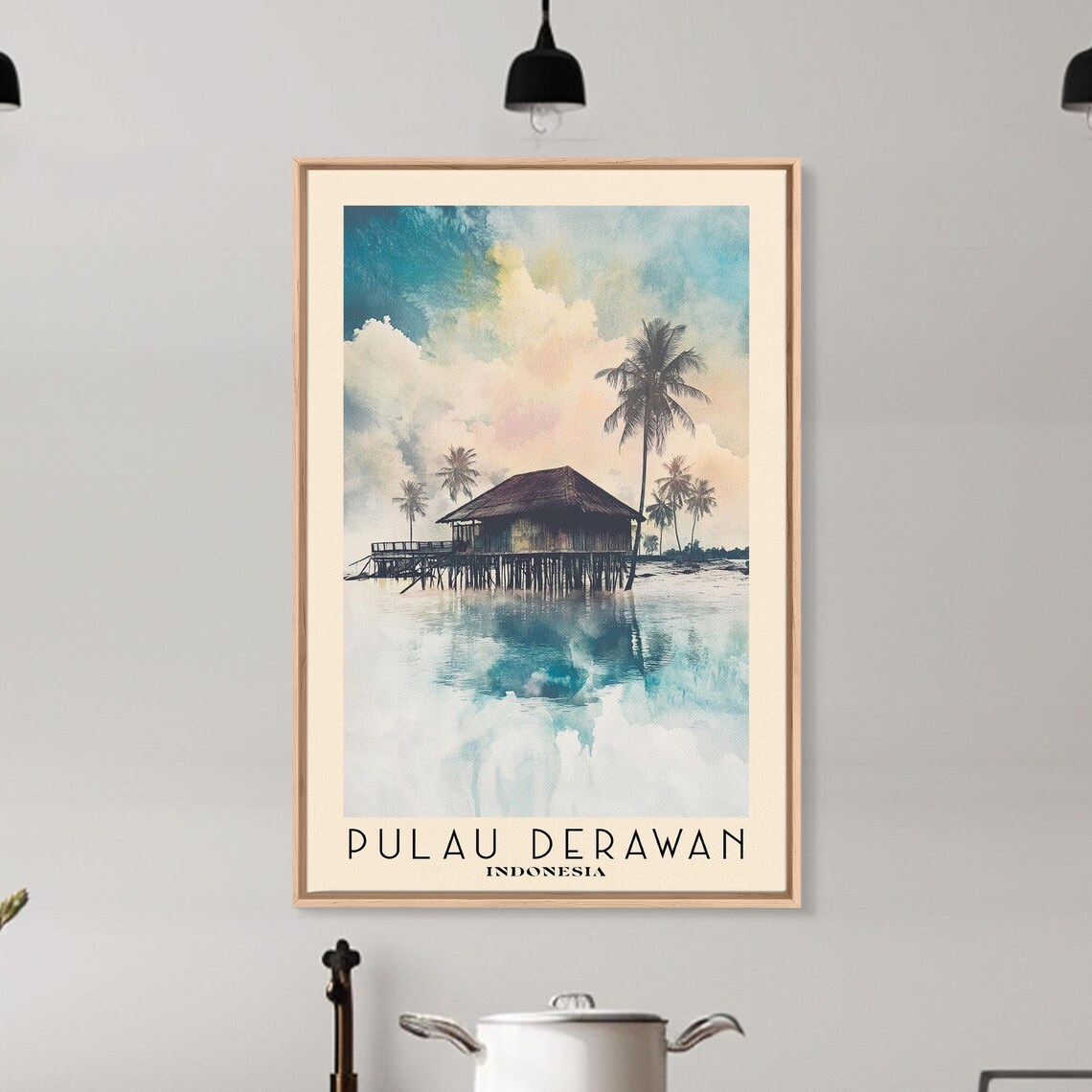 Pulau Derawan Indonesia Stilt Hut Over Calm Lagoon Palms Sunset Reflection Poster - Image 6