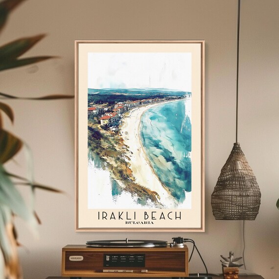 Irakli Beach Bulgaria Long Sandy Crescent Bay Watercolor Travel Poster
