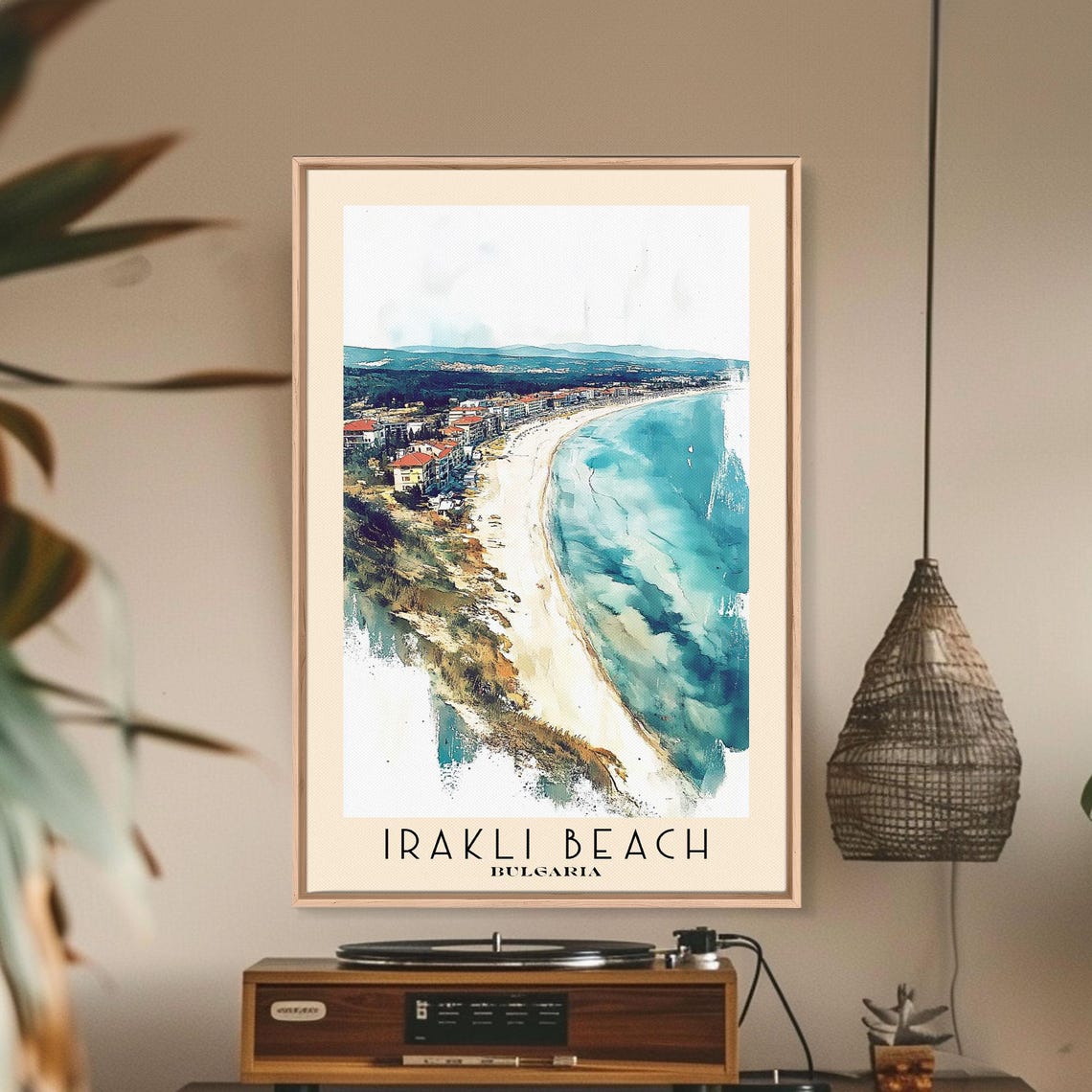 Irakli Beach Bulgaria Long Sandy Crescent Bay Watercolor Travel Poster