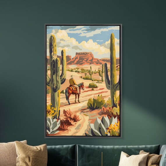 Cowboy Riding In Desert Landscape With Cacti Framed Print Western Art Southwestern Decor Desert Scene Wall Art For Home