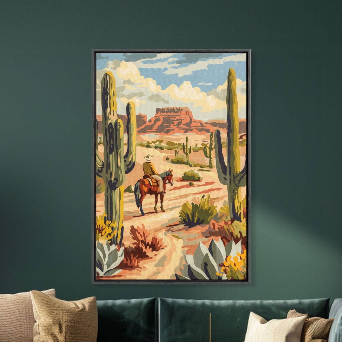 Cowboy Riding Desert Trail With Saguaro Cacti Retro Western Poster