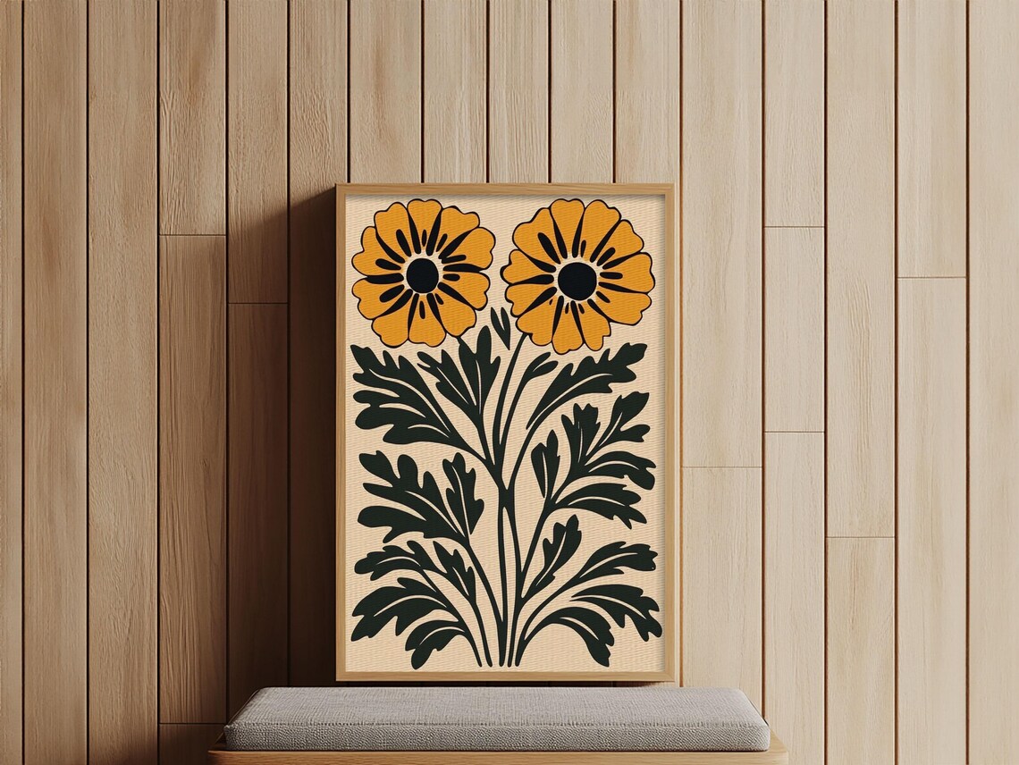 Mid Century Modern Botanical Flowers Orange Black Cottagecore Print - Image 5