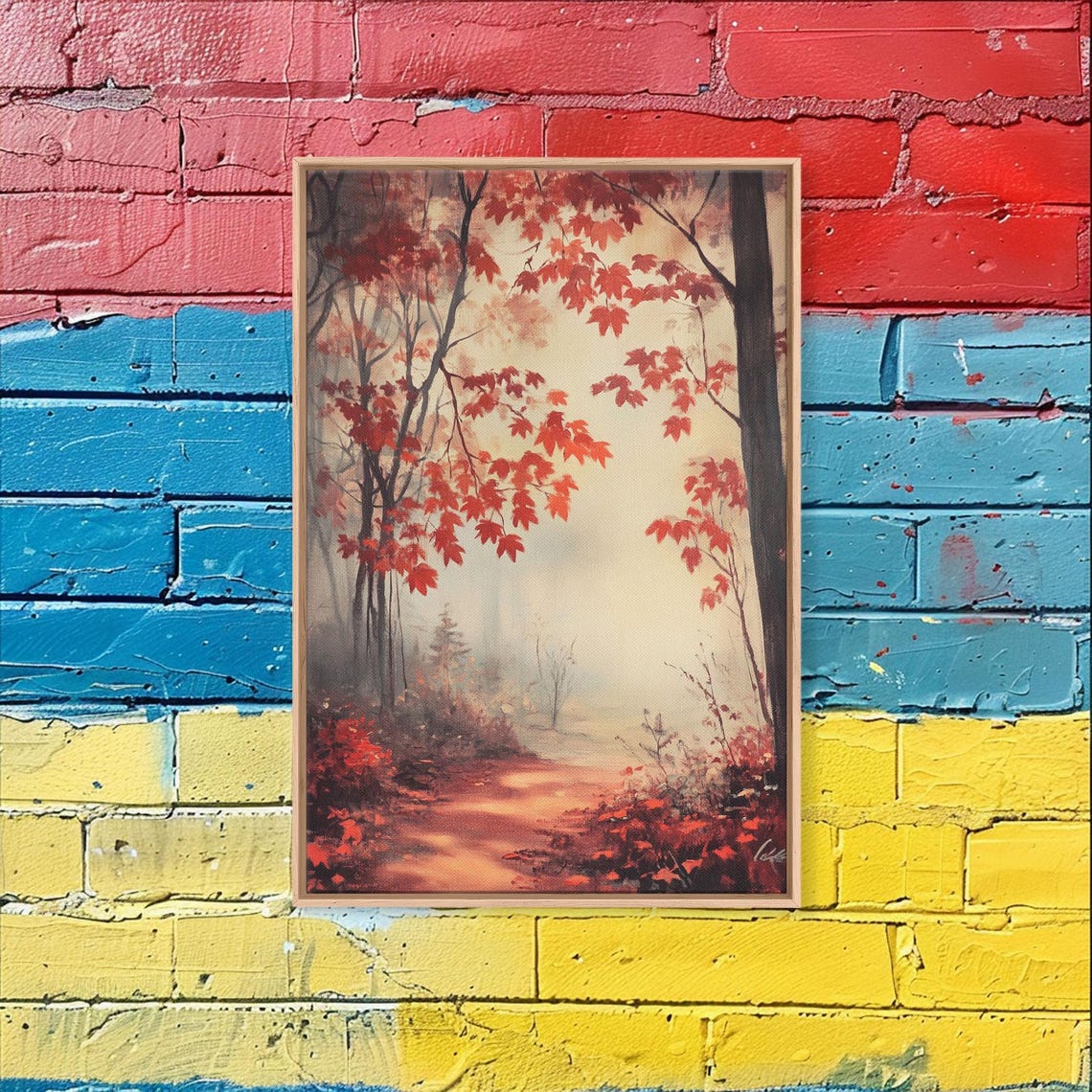 Misty Autumn Maple Path Red Foliage Warm Forest Landscape Poster - Image 4