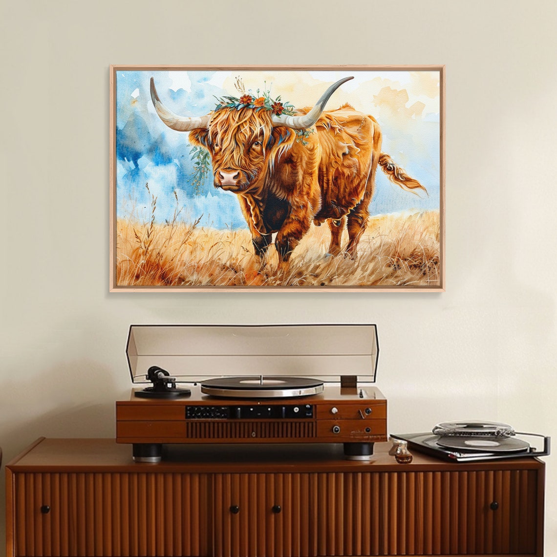 Highland Cow Flower Crown Watercolor Golden Meadow Animal Wall Art - Image 4