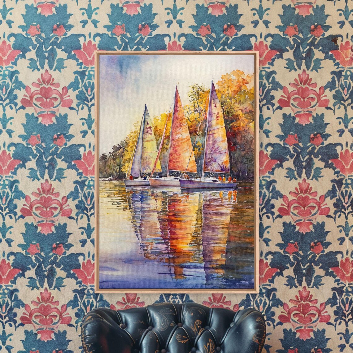 Colorful Sailboats Calm Water Reflections Autumn Trees Watercolor Art Print - Image 2