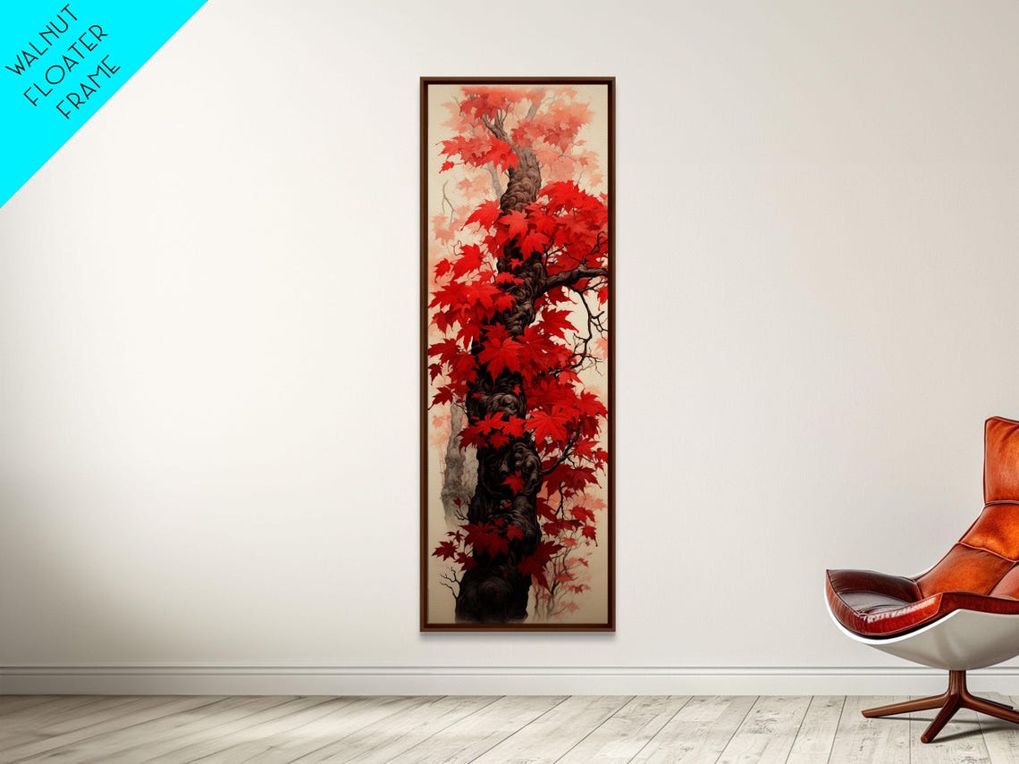 Red Maple Tree Trunk With Crimson Autumn Leaves Japanese Wall Art