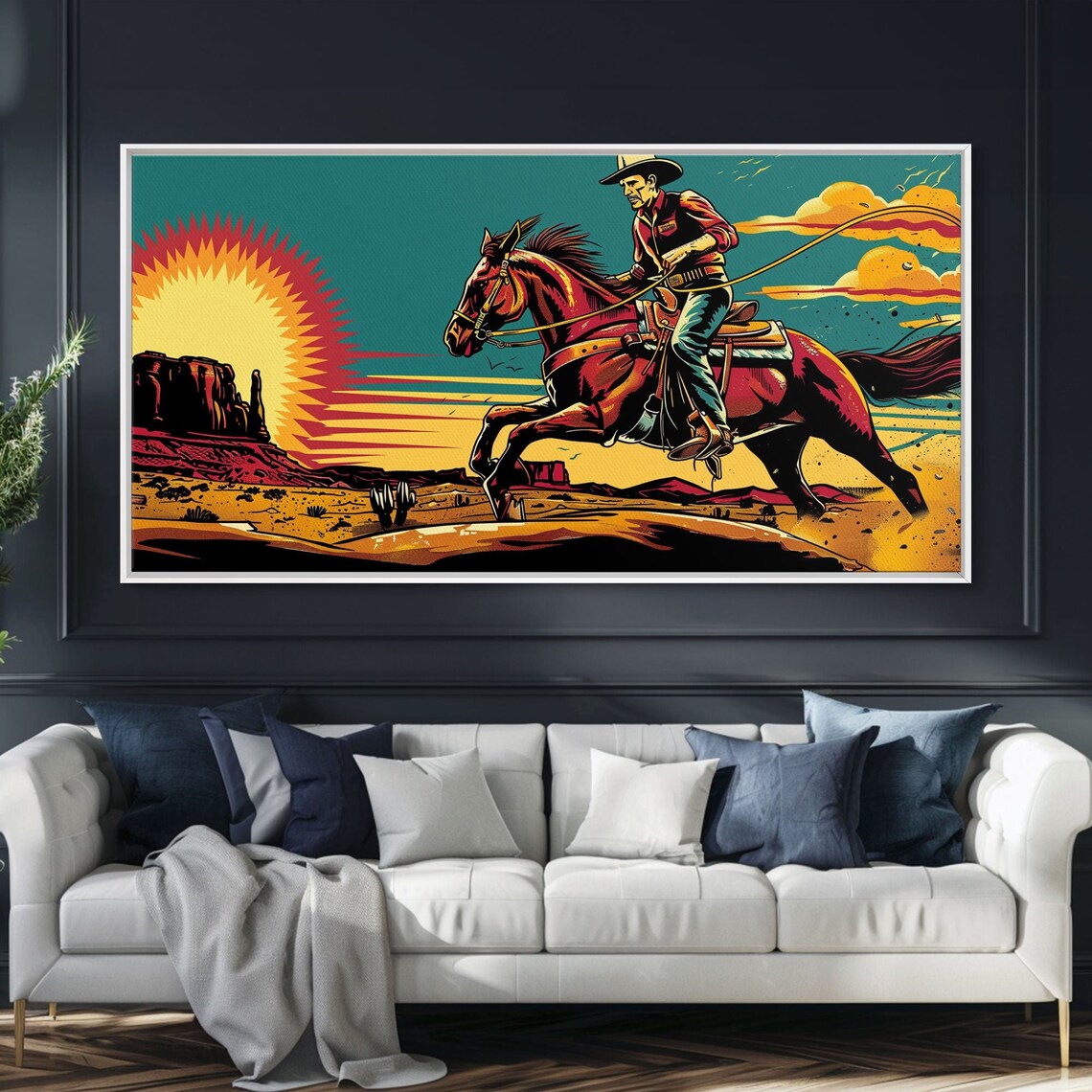 Cowboy Riding Through Desert Southwestern Landscape Art Framed Print Boho Decor Desert Art Rustic Wall Art - Image 3