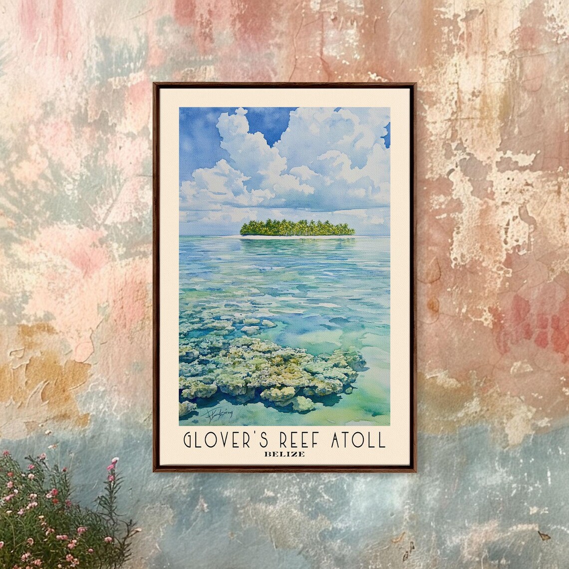 Glover's Reef Atoll Belize Palm Island Turquoise Coral Shallows Watercolor Poster - Image 4