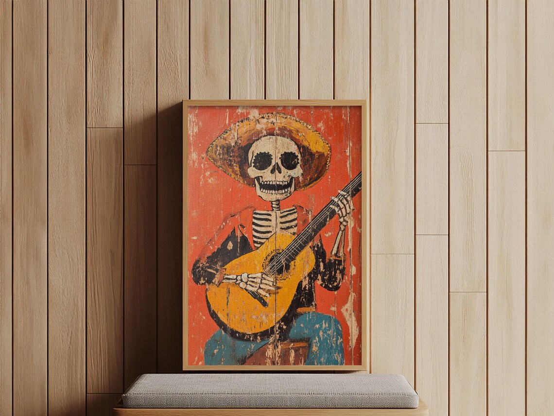Mexican Skeleton Vaquero Guitar Art Print, Southwestern - Image 6