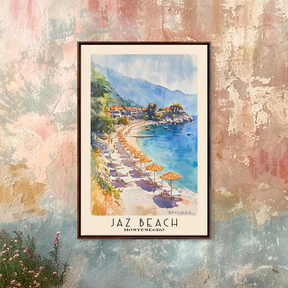 Jaz Beach Montenegro Orange Umbrellas Sandy Shore Mountain Watercolor Poster - Image 4