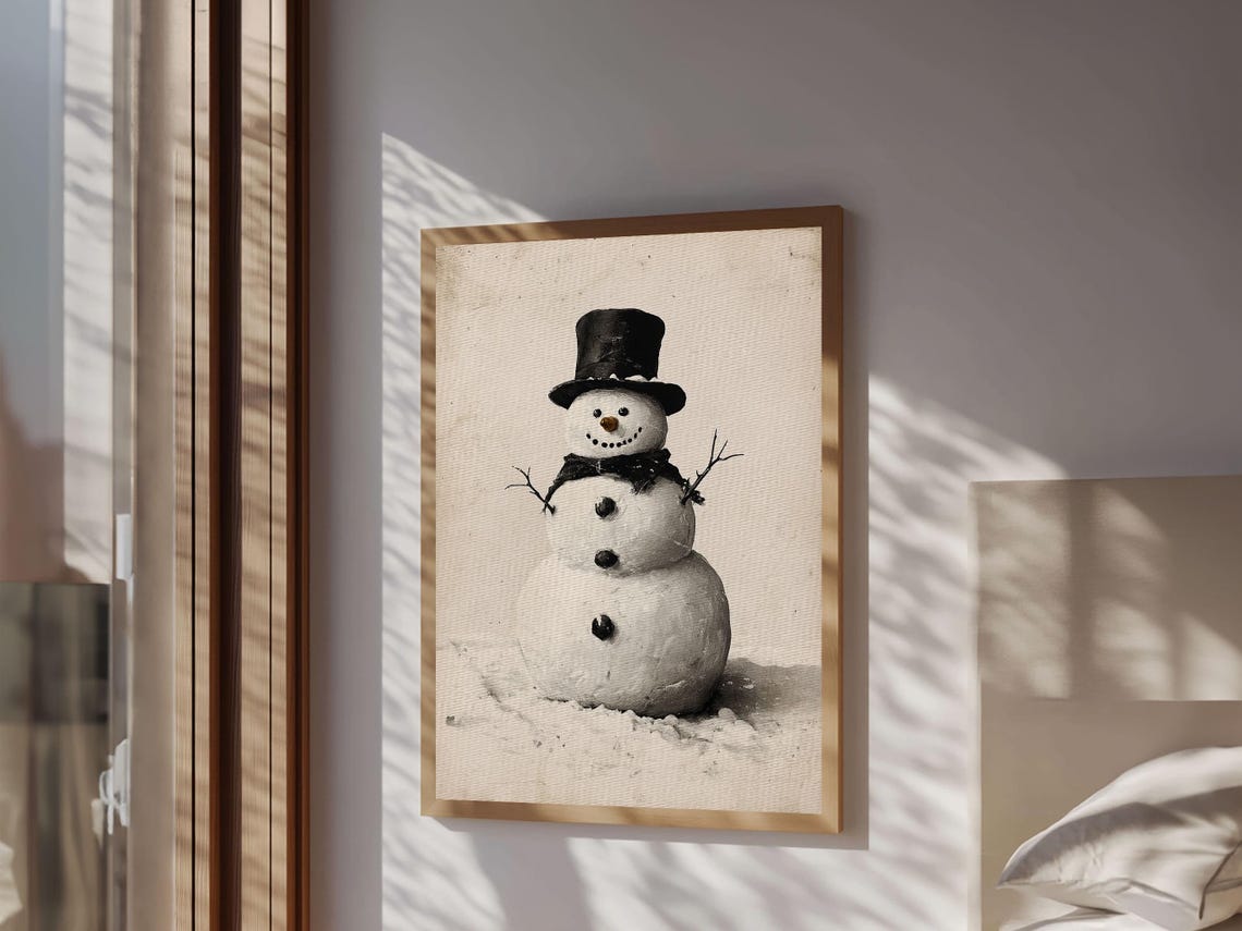 Vintage Snowman With Top Hat Painting Rustic Winter Holiday Poster - Image 5
