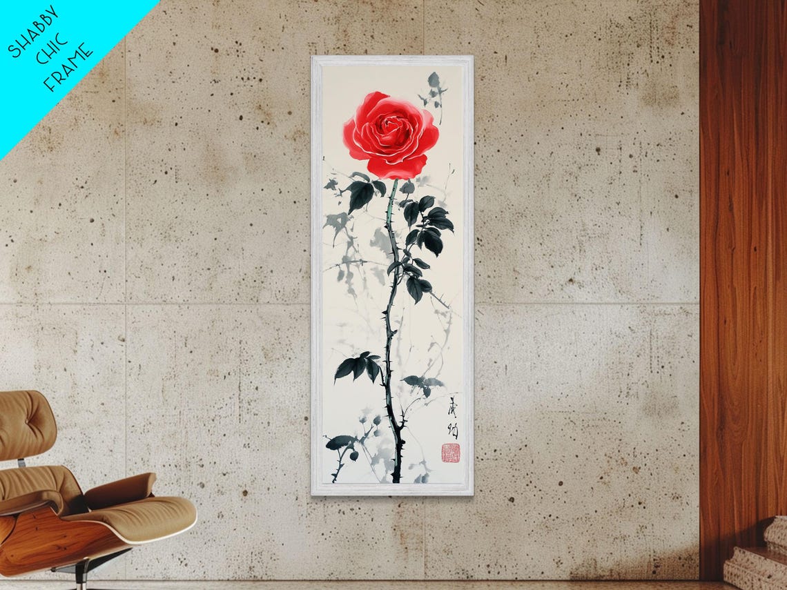 Red Rose Ink Wash Leaves White Background East Asian Botanical Poster - Image 6