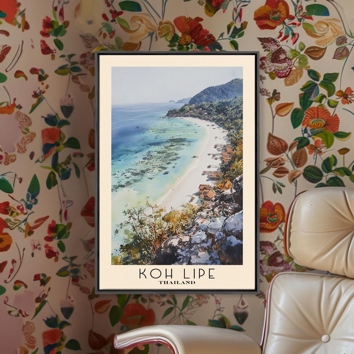 Koh Lipe Thailand Aerial Lagoon Beach Fishing Boats Watercolor Poster - Image 2