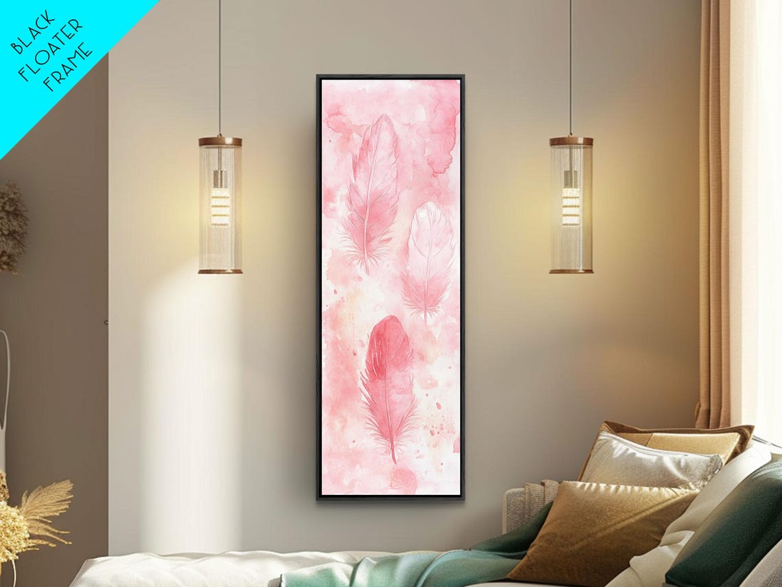 Three Pink Watercolor Feathers Minimalist Vertical Botanical Wall Art - Image 3