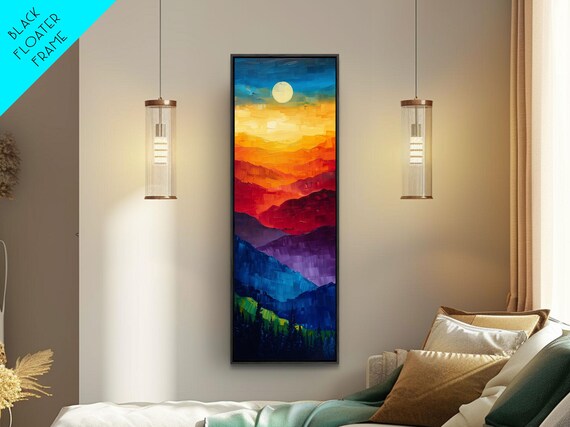 Colorful Mountains Under Moonlight Framed Print Skinny Tall Art For Living Room Bedroom Decor Landscape Painting Panoramic Art