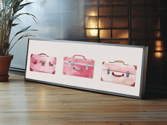 Vintage Suitcases Print Whimsical Rustic Wall Art Light Pink Travel Inspired Art Cottagecore Bedroom Or Living Room Decor