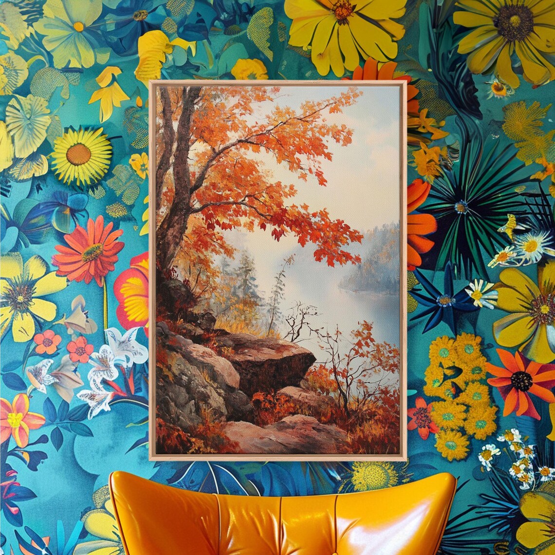 Rocky Autumn Cliff With Fiery Orange Maple Over Misty Lake View Poster - Image 4