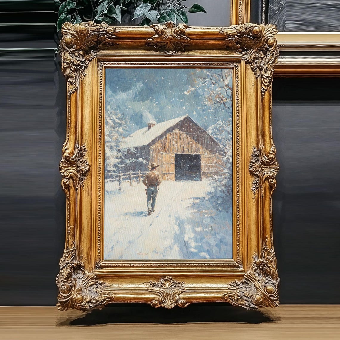 Cowboy Walking To Wooden Barn In Heavy Snow Winter Farm Scene Poster - Image 4
