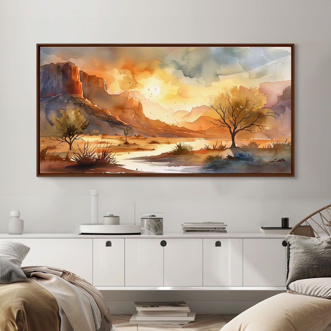 Serene Desert Canyon Sunset River Red Rock Watercolor Landscape Poster