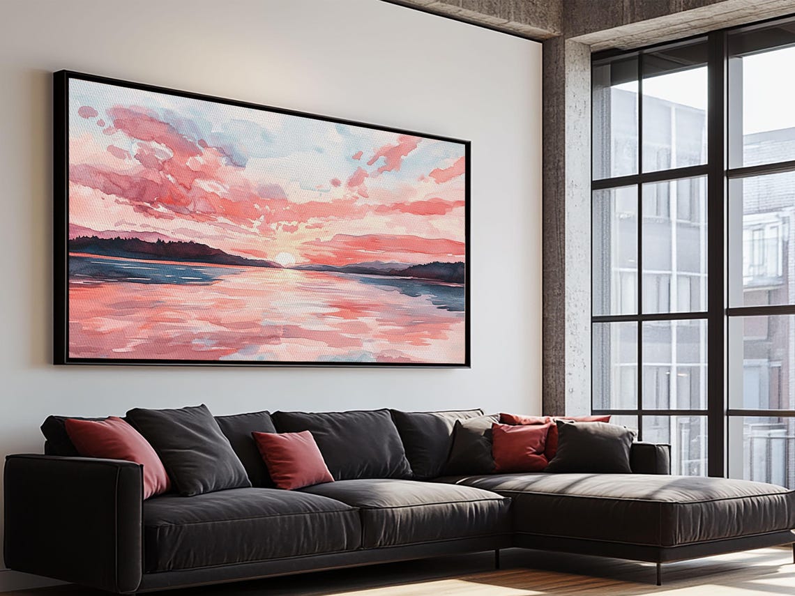 Pink Sunset Seascape Watercolor Sun Over Calm Water Ocean Poster - Image 4