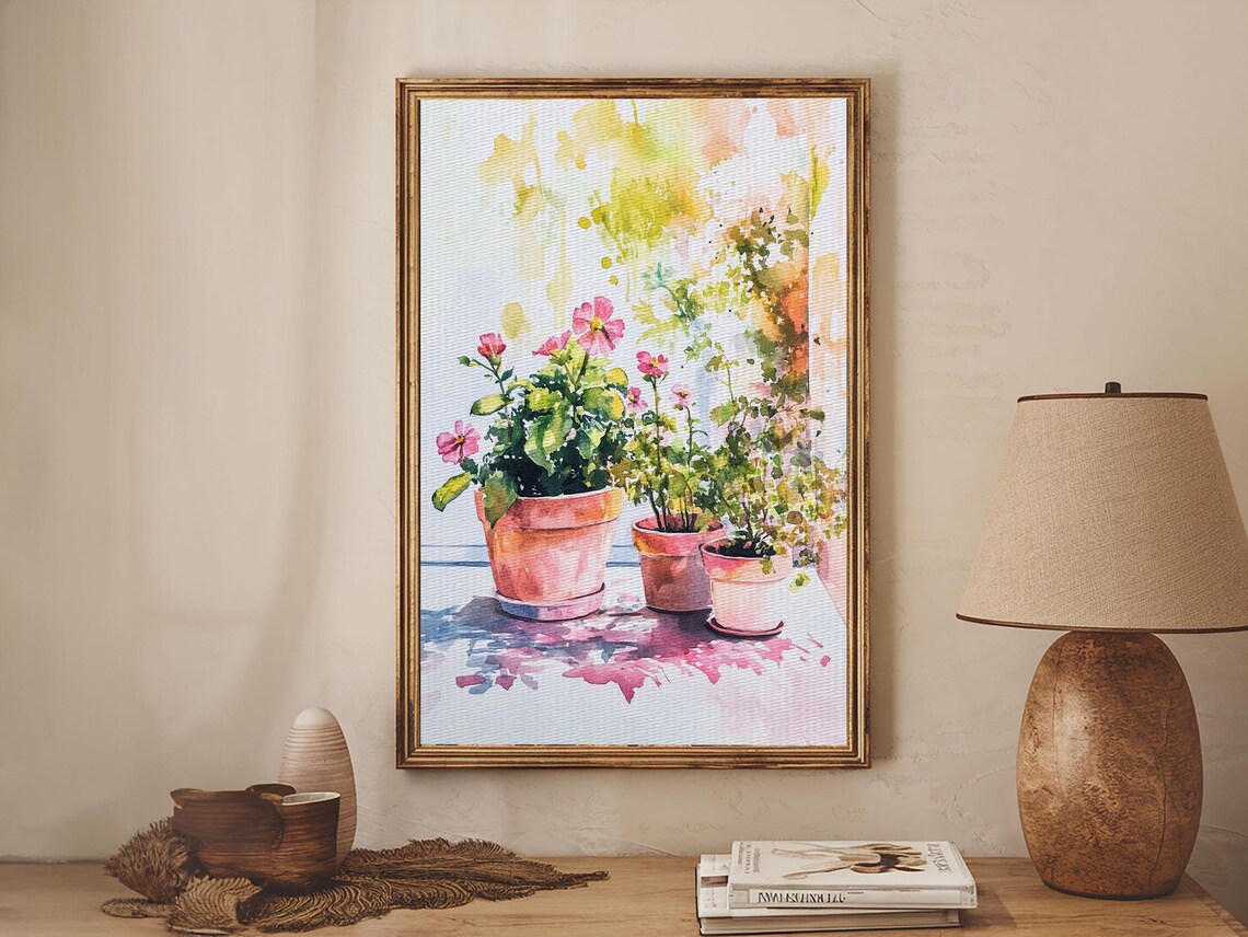 Potted Plants Watercolor Terracotta Pots Sunny Botanical Garden Print - Image 6
