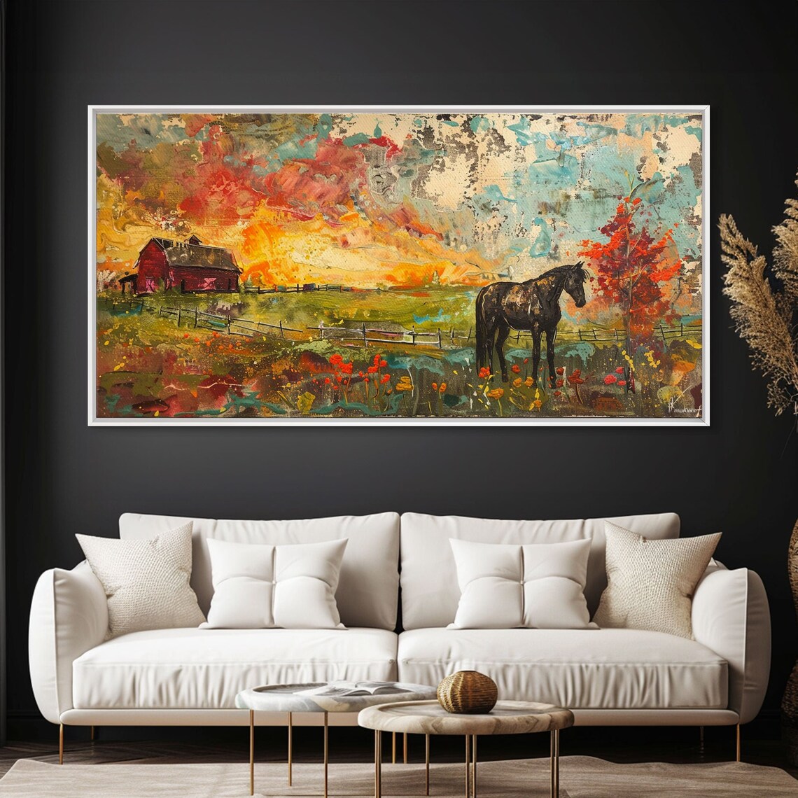 Black Horse Autumn Field Red Barn Colorful Sky Farm Painting Poster