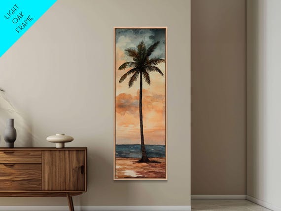 Framed Print Coastal Palm Tree Art Sunset Beach Scene Tropical Coastal Wall Art Nautical Decor Skinny Wall Art Gift Idea