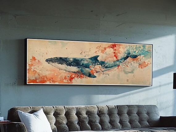 Panoramic Whale Painting Print Wabi Sabi Home Decor Japanese Style Art Modern Living Room Art Above Sofa Decor Whale Wall Art