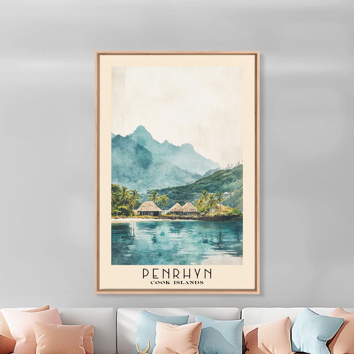 Penrhyn Cook Islands Lagoon Thatched Huts Misty Mountain Travel Poster - Image 3