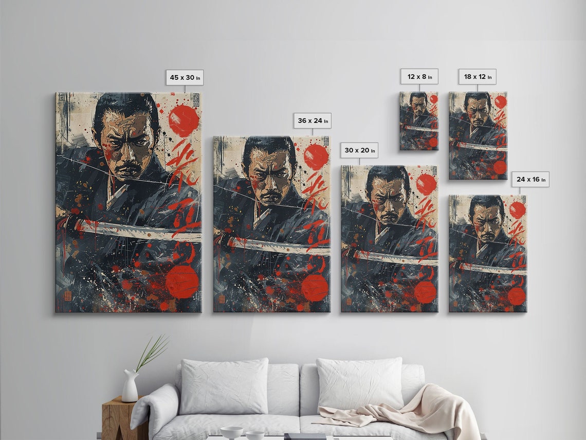 Fierce Samurai Katana Red Splatter Japanese Ink Grunge Wall Art Print - Image 2