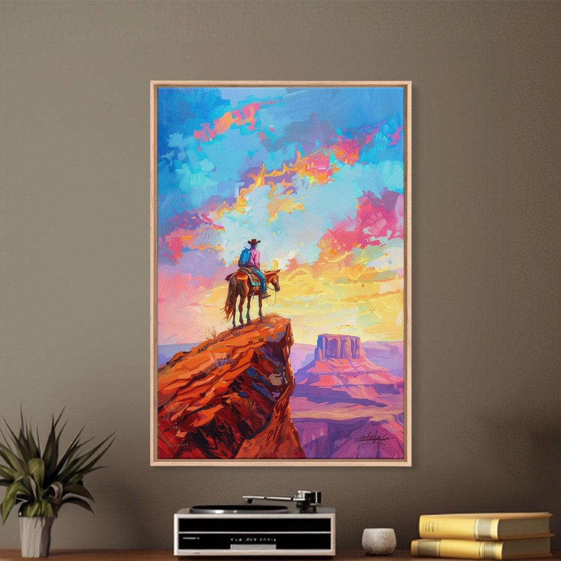 Cowboy On Horseback Overlooking Canyon At Colorful Sunset Art Poster - Image 5