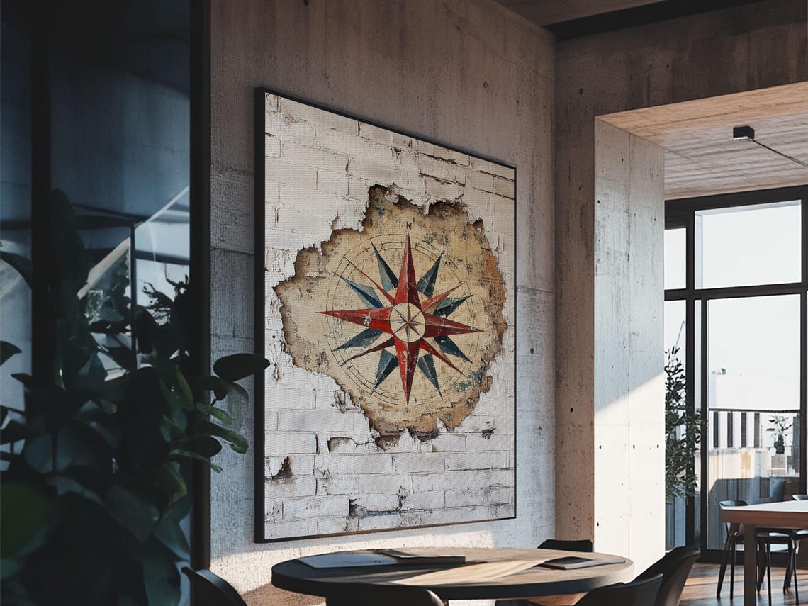Compass Rose On Weathered Brick Wall Vintage Nautical Decor Art Print - Image 5