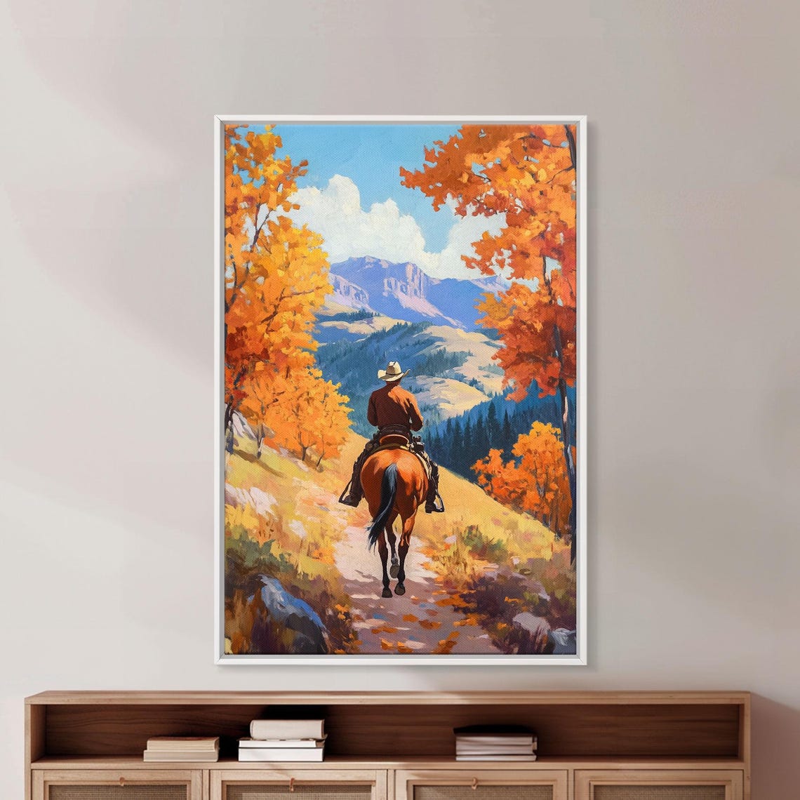 Cowboy Riding Through Autumn Trees Golden Fall Trail Mountain Poster - Image 2