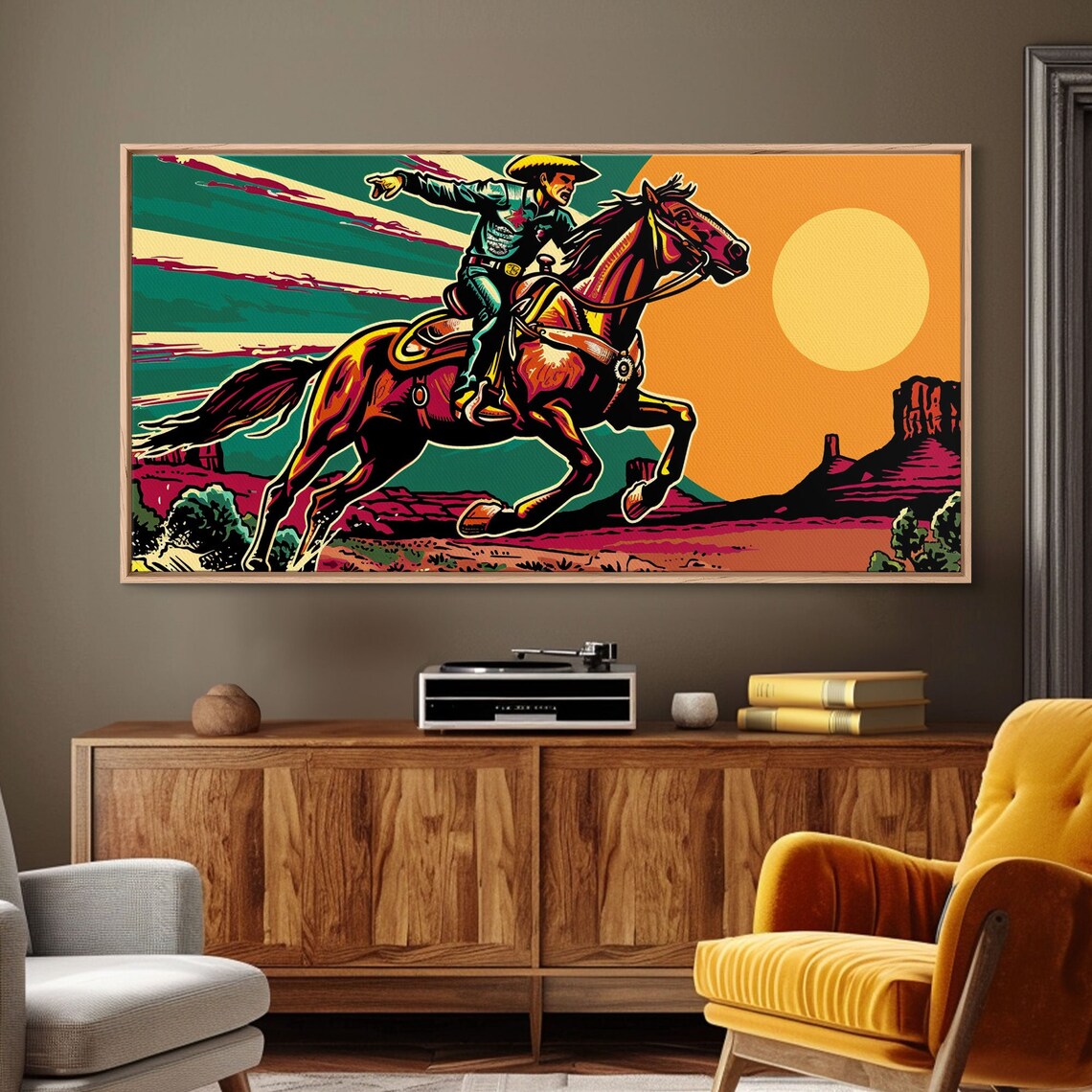 Vintage Cowboy Riding Horse Western Sunset Art Print - Image 2
