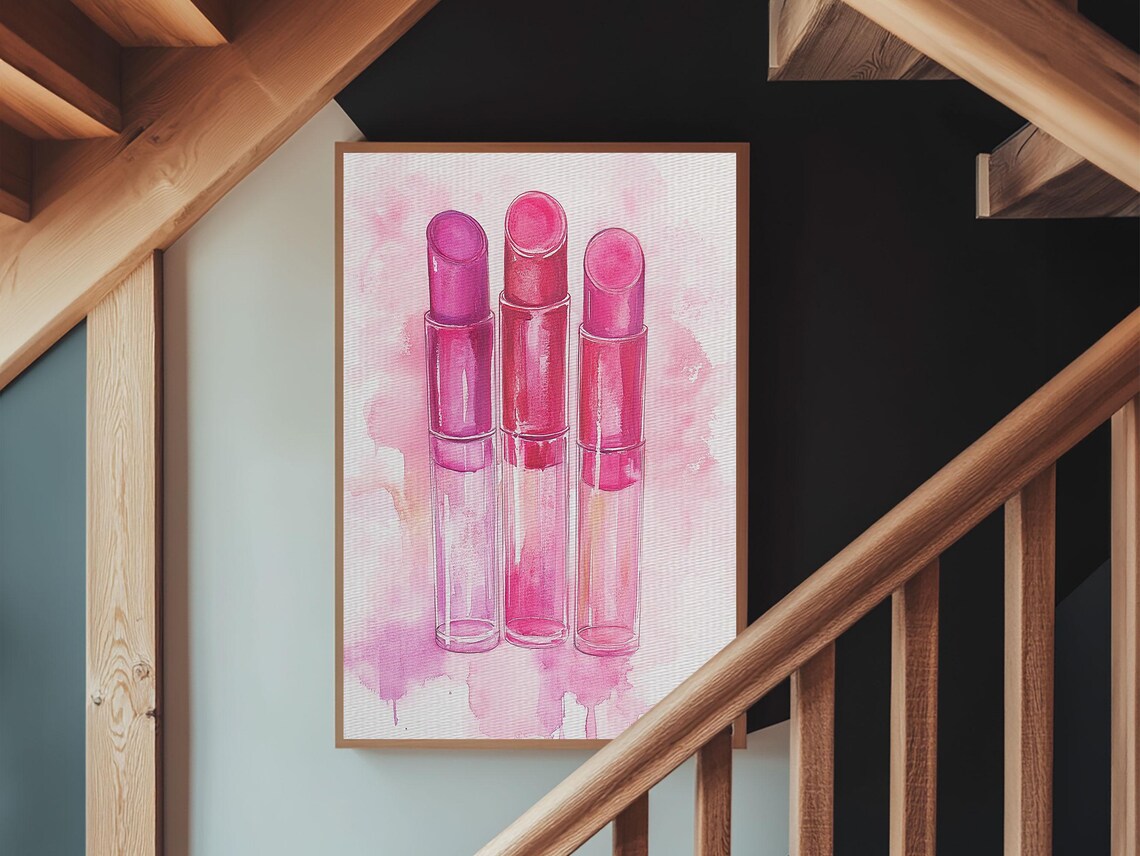 Pink Lipstick Trio Watercolor Glam Beauty Makeup Wall Art Poster - Image 6