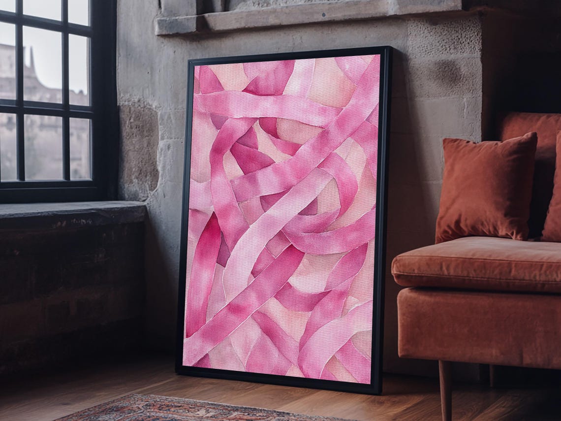 Abstract Pink Ribbons Watercolor Modern Minimalist Wall Art Poster - Image 4