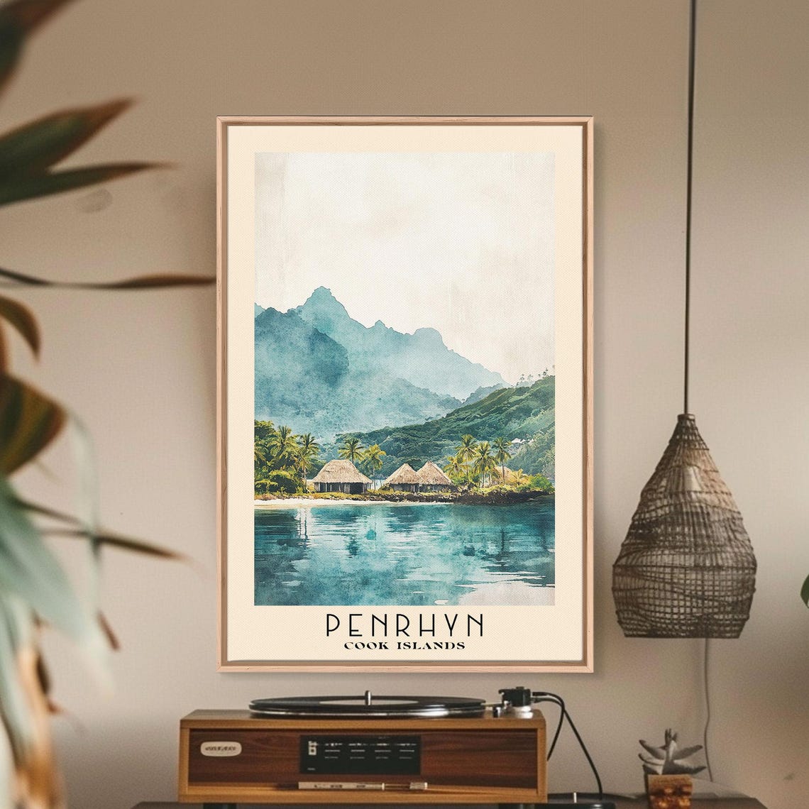Penrhyn Cook Islands Lagoon Thatched Huts Misty Mountain Travel Poster - Image 2