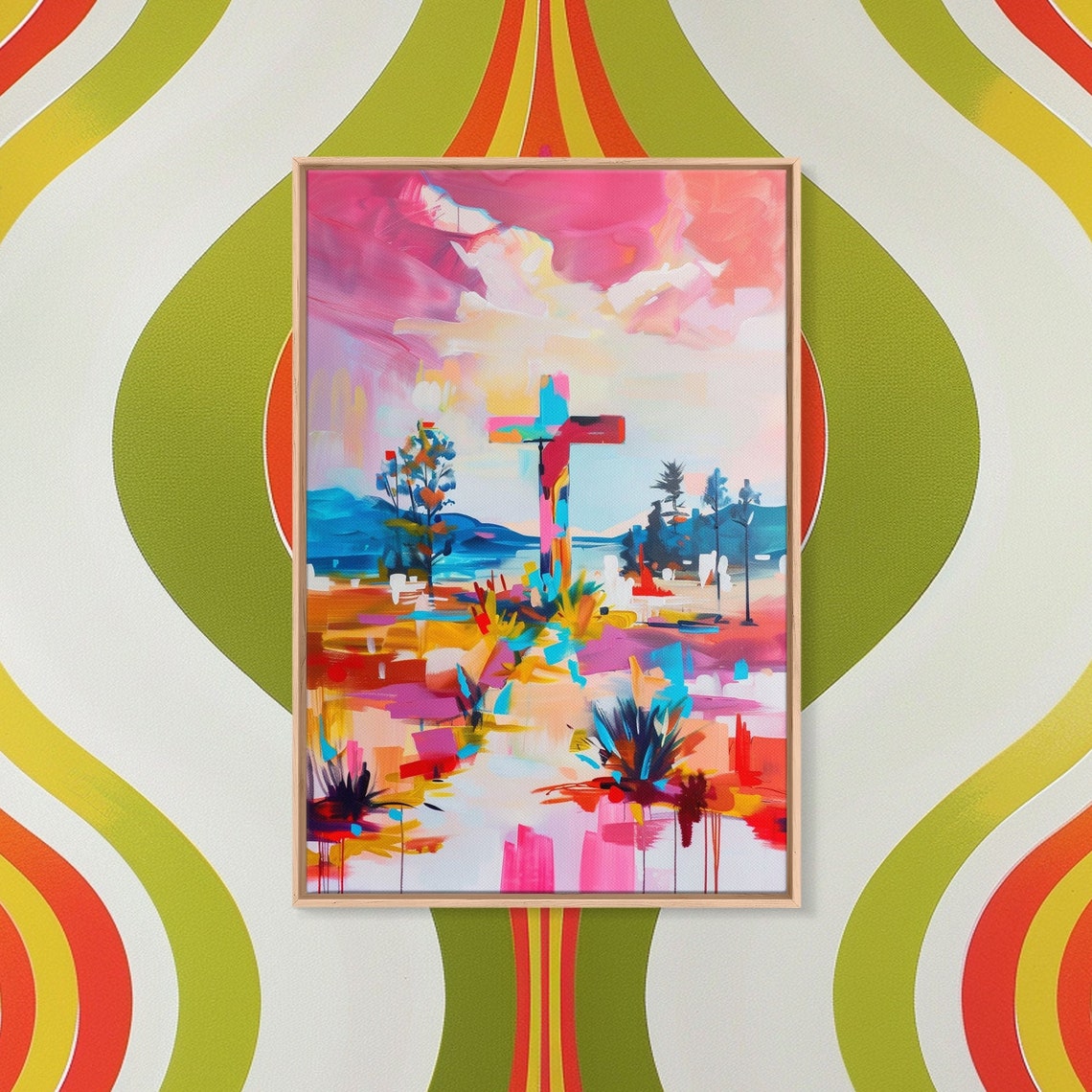 Colorful Cross Abstract Landscape Pink Blue Modern Faith Wall Art - Image 3