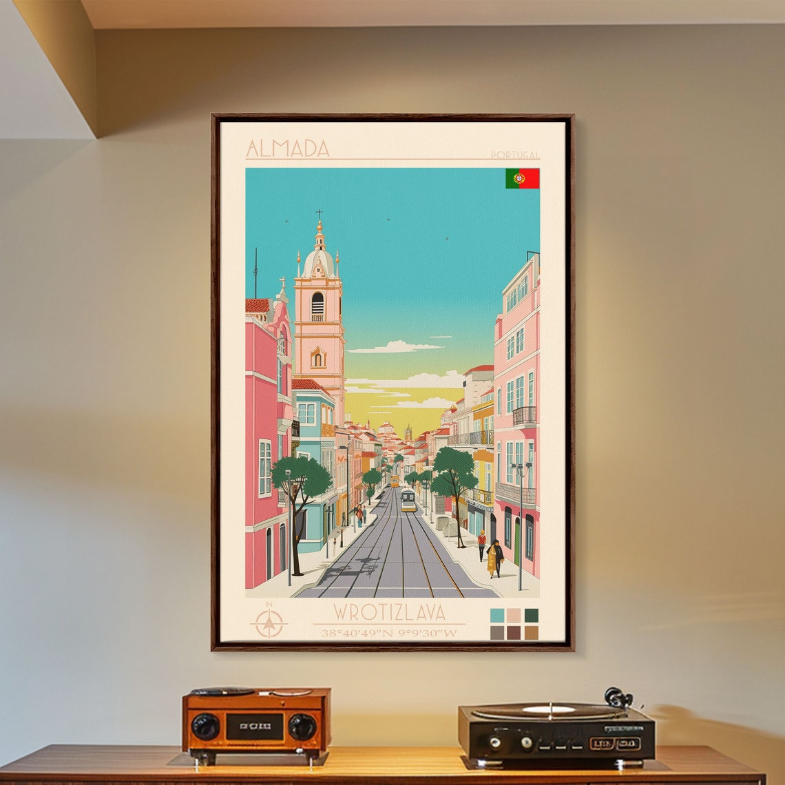 Almada Portugal Sunset Tram Street Bell Tower Pastel Buildings Poster - Image 3