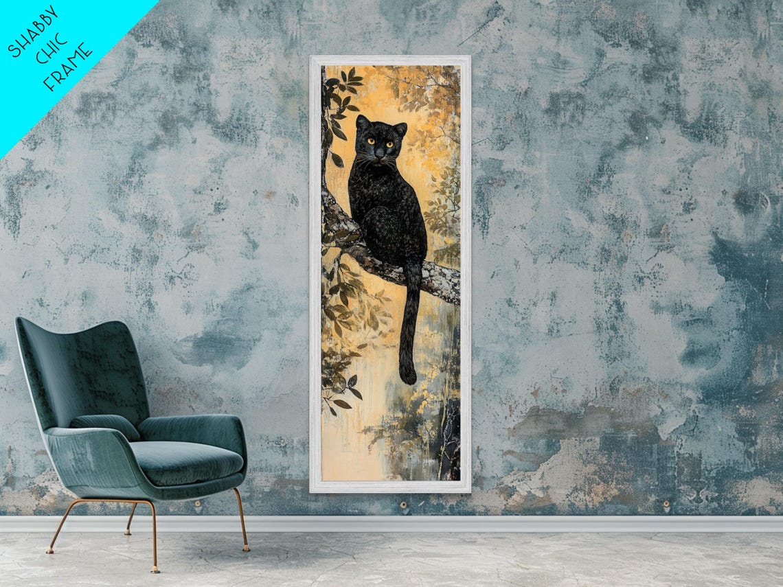 Black Panther on Tree Branch Golden Jungle Big Cat Night Wall Art - Image 6