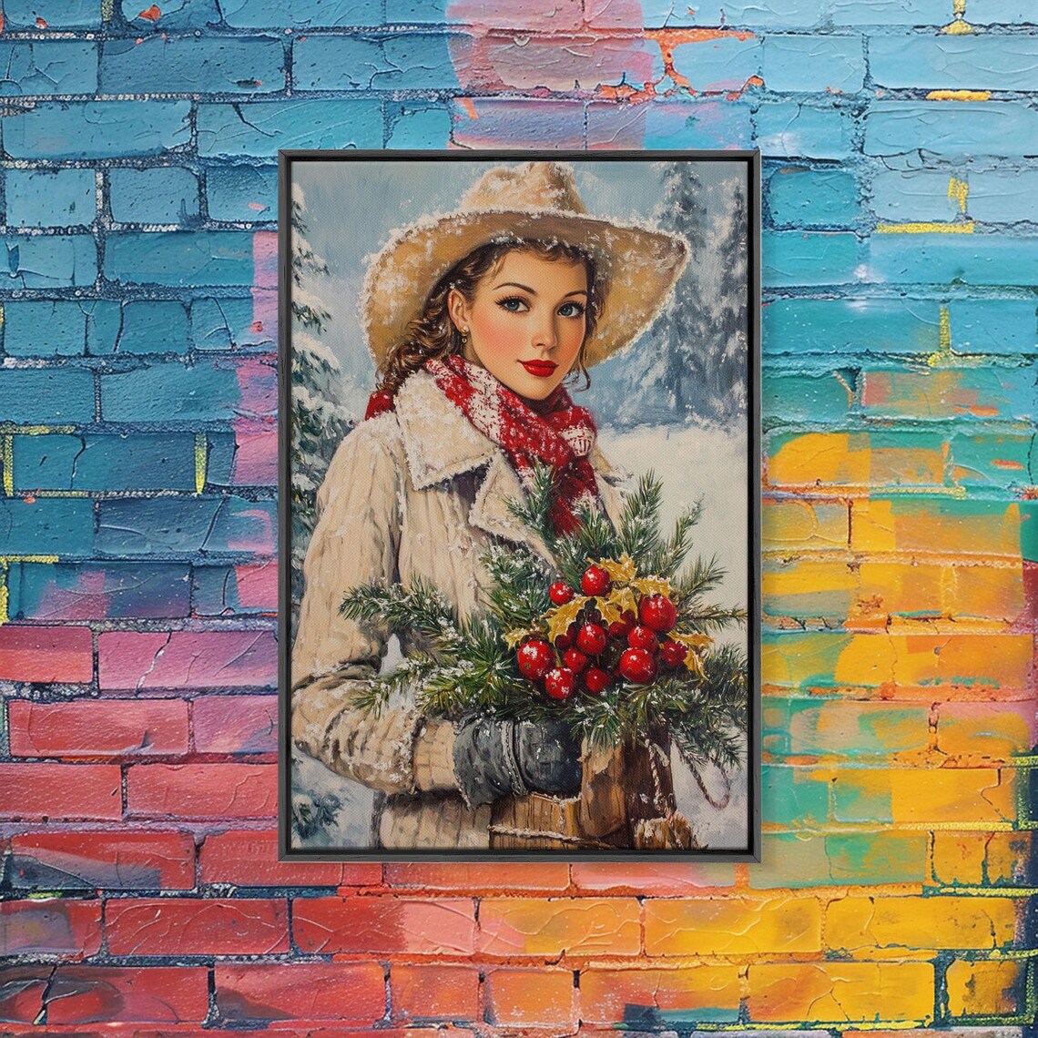 Cozy Christmas Woman Cowboy Hat Holiday Greenery Snow Vintage Wall Art - Image 4