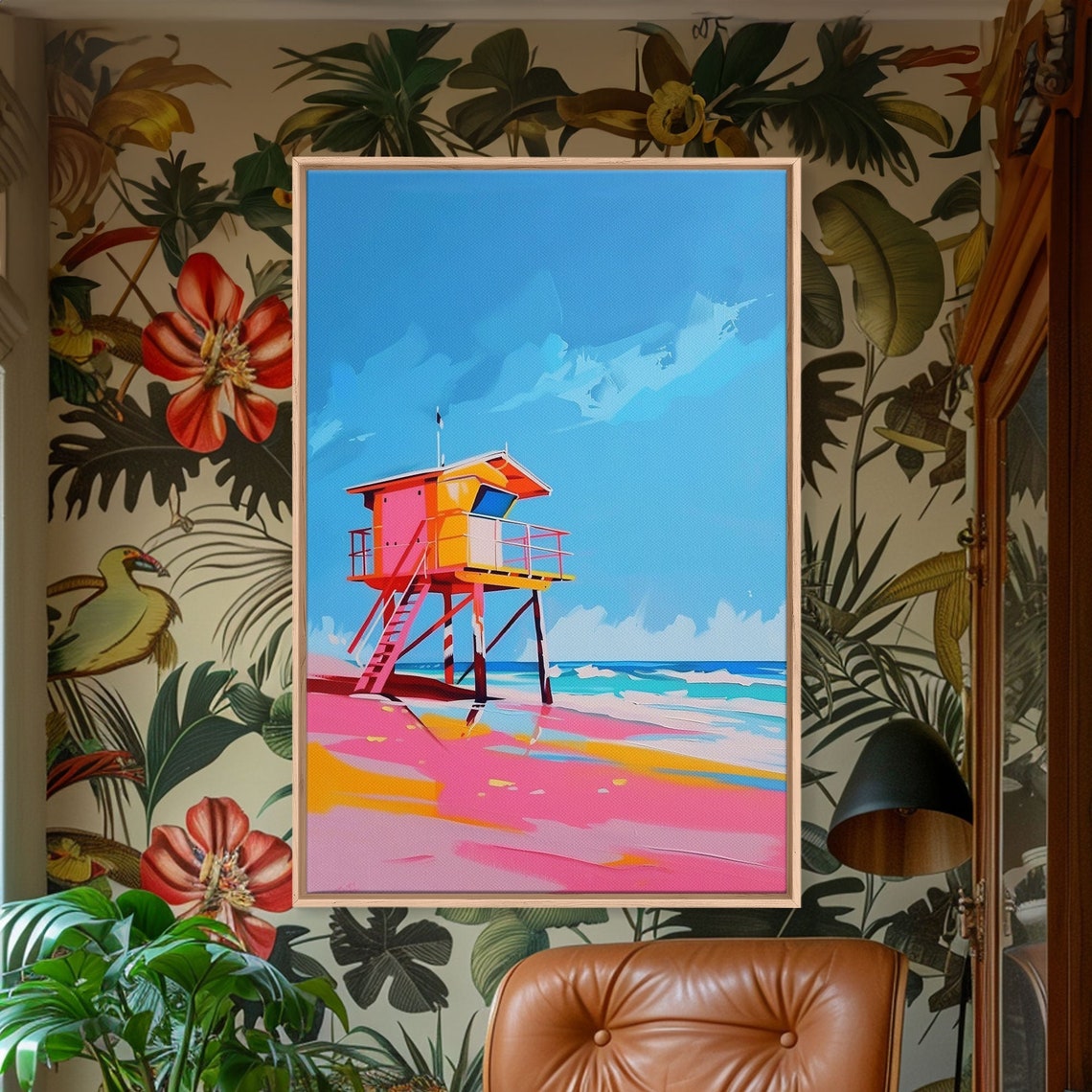 Colorful Lifeguard Tower On Sunny Pink Beach Coastal Wall Art - Image 3