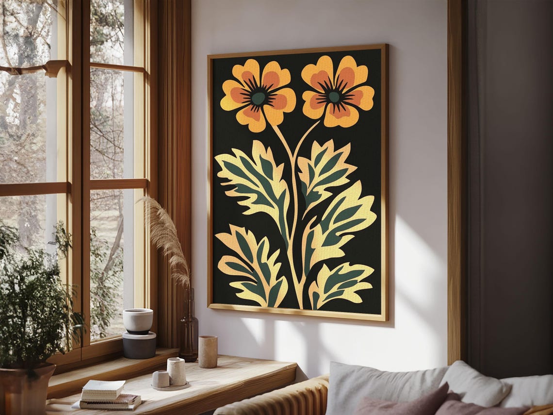 Boho Wildflower Floral Art Mustard Blooms Black Background Print - Image 5