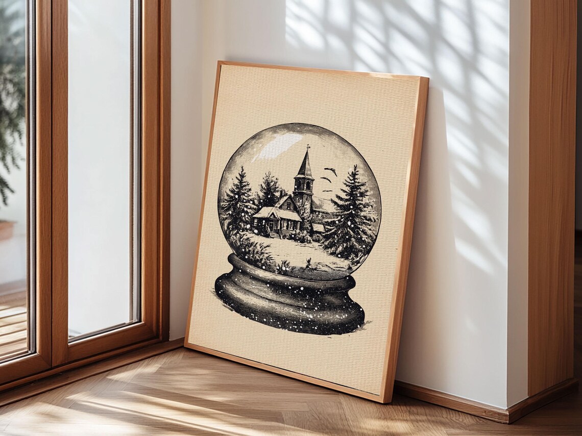 Snow Globe Church Winter Village Vintage Sketch Christmas Poster - Image 3